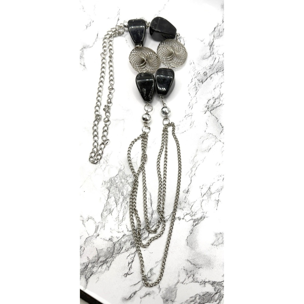 Long Black Glitter Bead Necklace‎ Silver Tone Multi Strand 34-37"